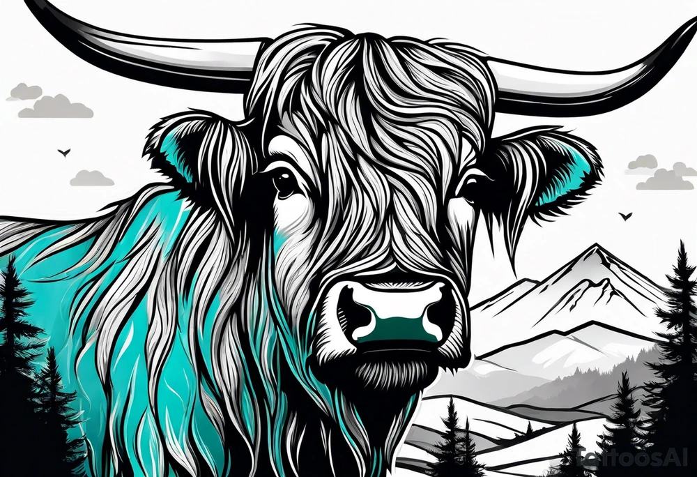 Highland cow with mountains in color tattoo idea