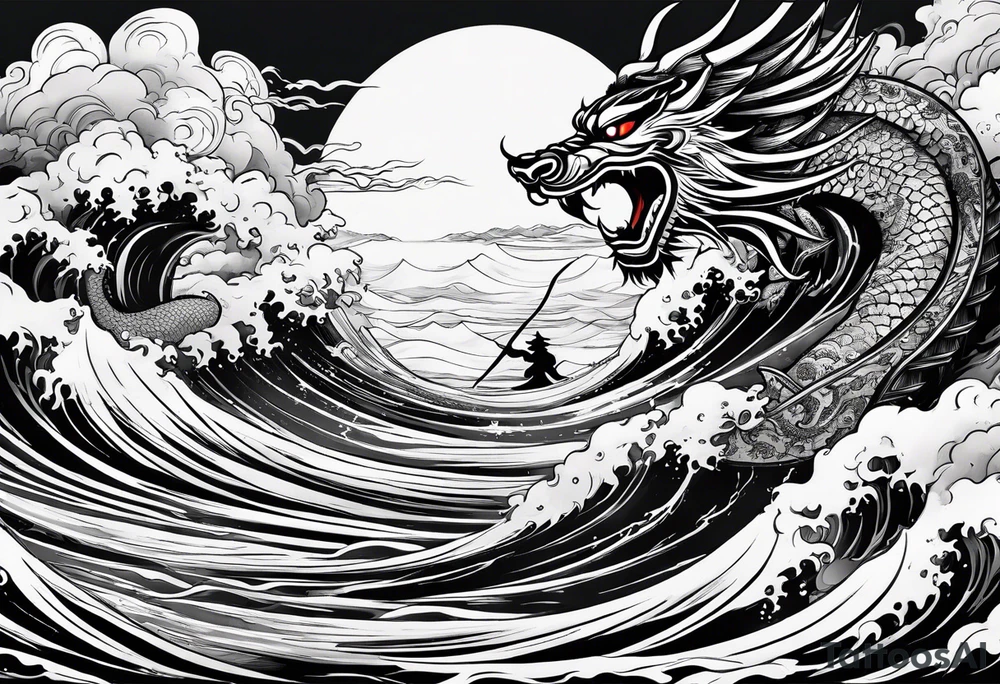 A strip with a japonese dragon, a samurai, an oni and a tiger with waves bellow and clouds above with the sun and the moon tattoo idea