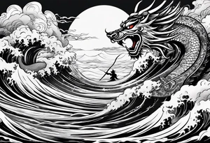 A strip with a japonese dragon, a samurai, an oni and a tiger with waves bellow and clouds above with the sun and the moon tattoo idea