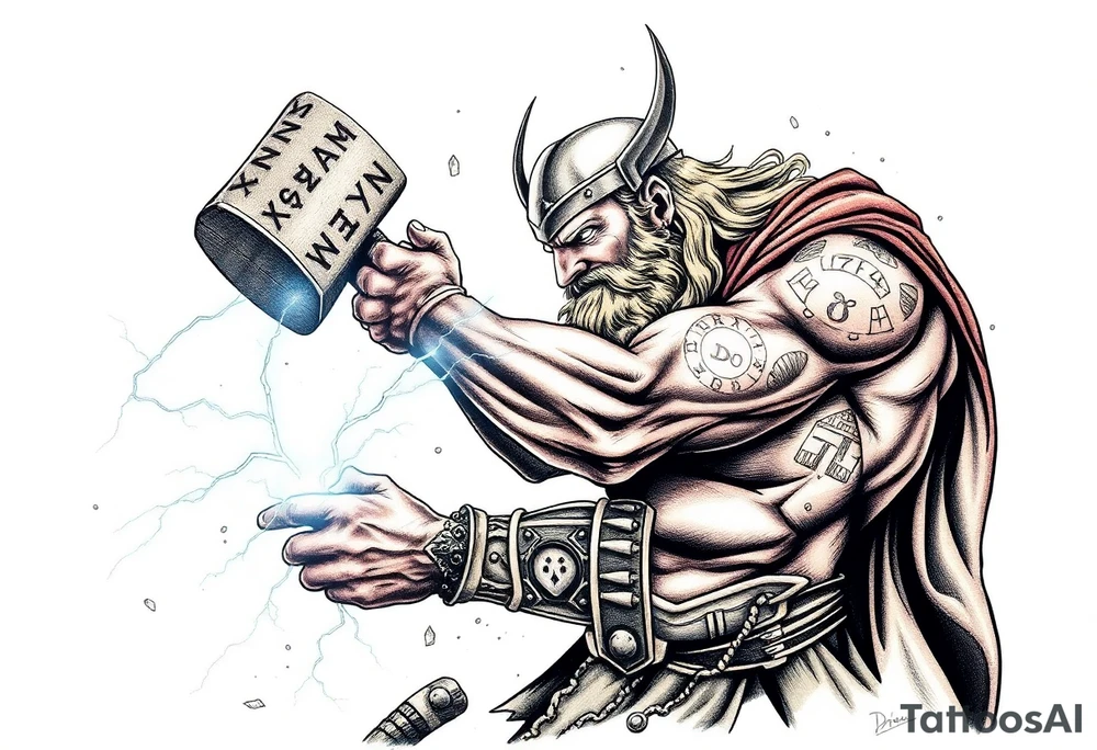 The great viking thor swinging his hammer with runes everywhere and lighting striking the ground with electricity sparking everywhere. tattoo idea
