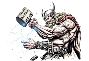 The great viking thor swinging his hammer with runes everywhere and lighting striking the ground with electricity sparking everywhere. tattoo idea
