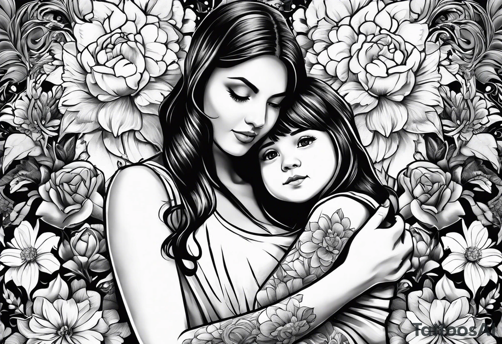 1/2 sleeves full of flowers with a mom older son younger daughter in the middle tattoo idea