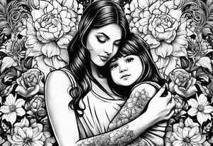 1/2 sleeves full of flowers with a mom older son  younger daughter in the middle tattoo idea