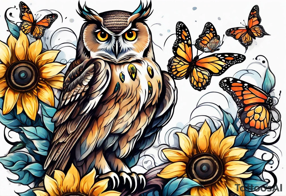 Owl with angel wings surrounded by sunflowers and butterflies sleeve tattoo idea