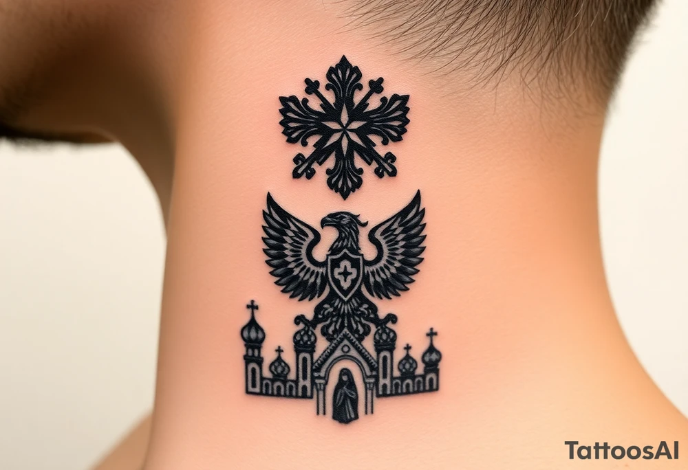 Stacked Vertical Column 

Russian star — bold
Middle: double-headed eagle — simplified, cleaner lines to suit the smaller space
Bottom: Orthodox church dome(s) & a Virgin Mary silhouette beneath tattoo idea