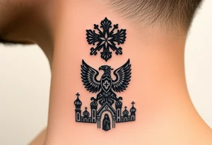 Stacked Vertical Column 

Russian star — bold
Middle: double-headed eagle — simplified, cleaner lines to suit the smaller space
Bottom: Orthodox church dome(s) & a Virgin Mary silhouette beneath tattoo idea