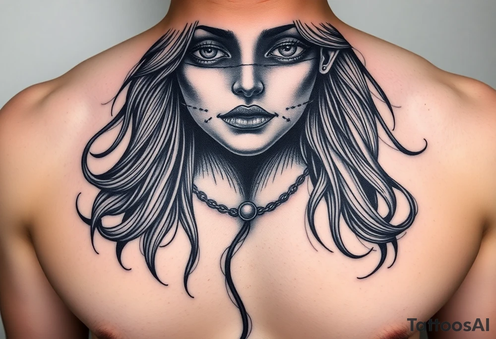 Women that has big eyes but her eyes are not there cause she is blind with a nose and long long hair that is flowing down her chest and back and her big lips are sown shut like stitches to her mouth and her ears both are bleeding tattoo idea