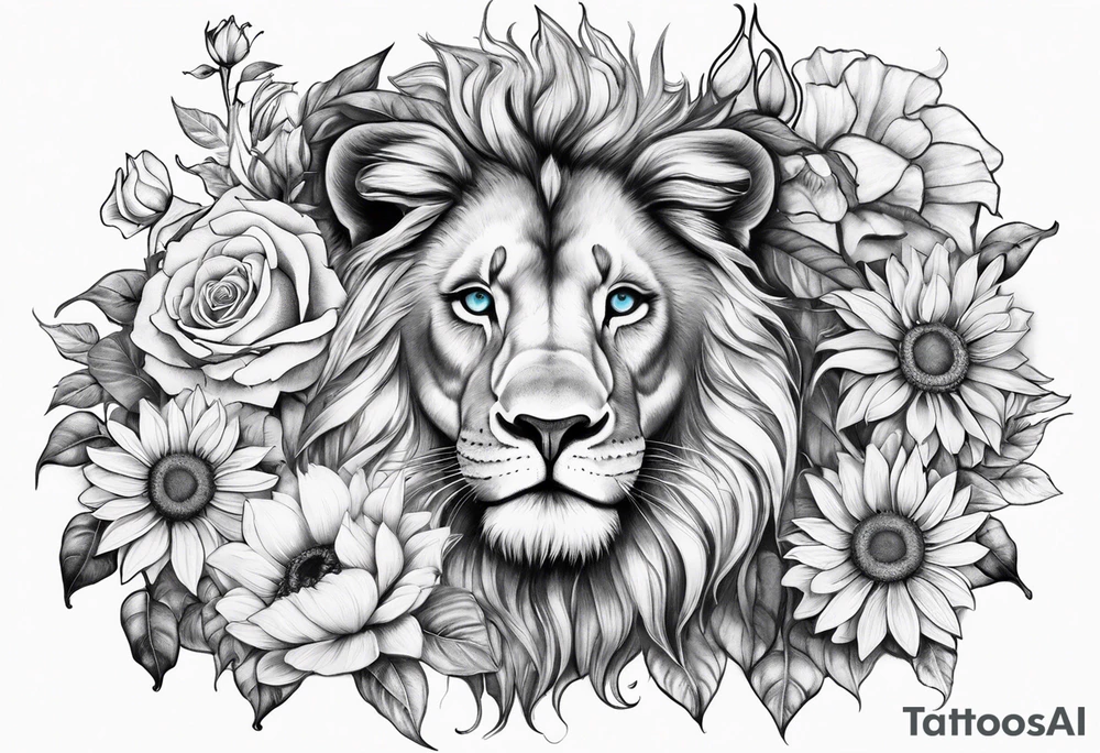 Lion with blue eyes with sunflowers, roses, gerberas and lillys with clocks tattoo idea