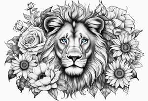 Lion with blue eyes with sunflowers, roses, gerberas and lillys with clocks tattoo idea