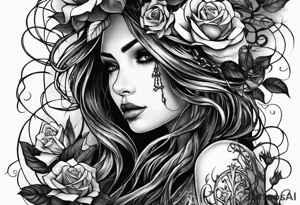 tattoo fool sleeve, tree roots break out of the chains, broken mask, gothic girl, roses tattoo idea