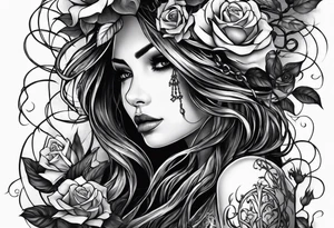 tattoo fool sleeve, tree roots break out of the chains, broken mask, gothic girl, roses tattoo idea