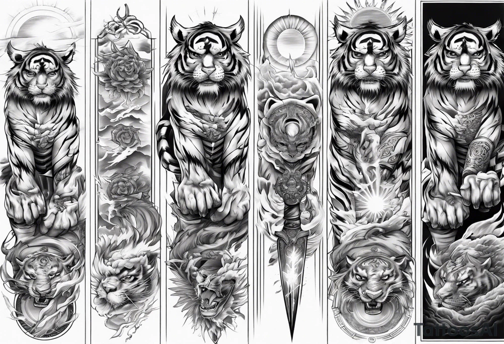 tiger warrior with lightning and the sun for a forearm sleeve tattoo idea