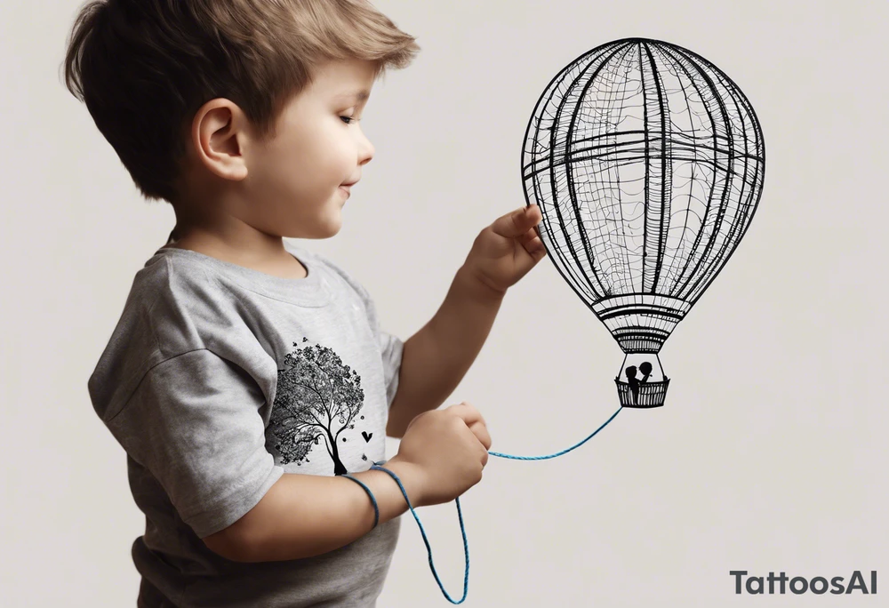 tatoo in little boy holding a string to the earth shaped baloon.
boy should be drawed from behinfd anhas one hand reaching up in 45 degree angle and holding the baloon string
the string has a big wave look like a hearbeat pulse.
hearth party baloon is tattoo idea