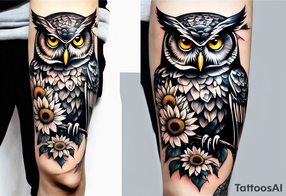 Owl with sunflowers leg sleeve tattoo idea