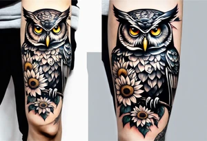 Owl with sunflowers leg sleeve tattoo idea