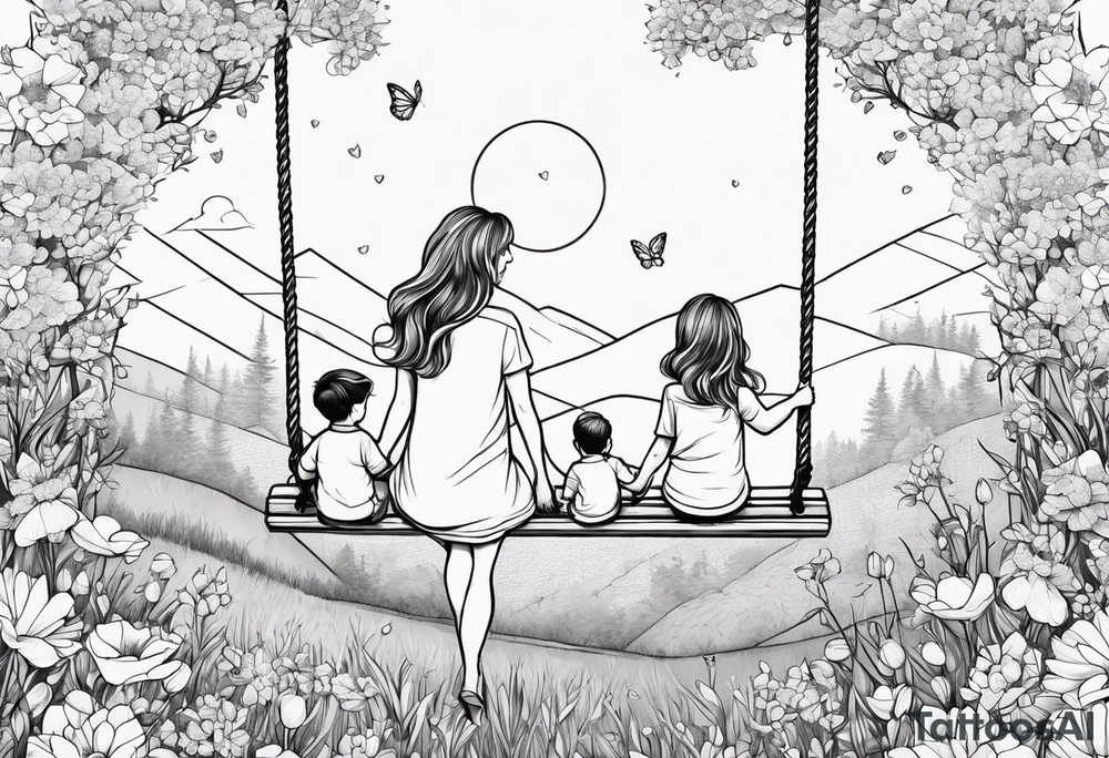 Mom with son and daughter on a swing in the distance in a field of flowers tattoo idea