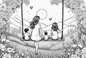 Mom with son and daughter on a swing in the distance in a field of flowers tattoo idea