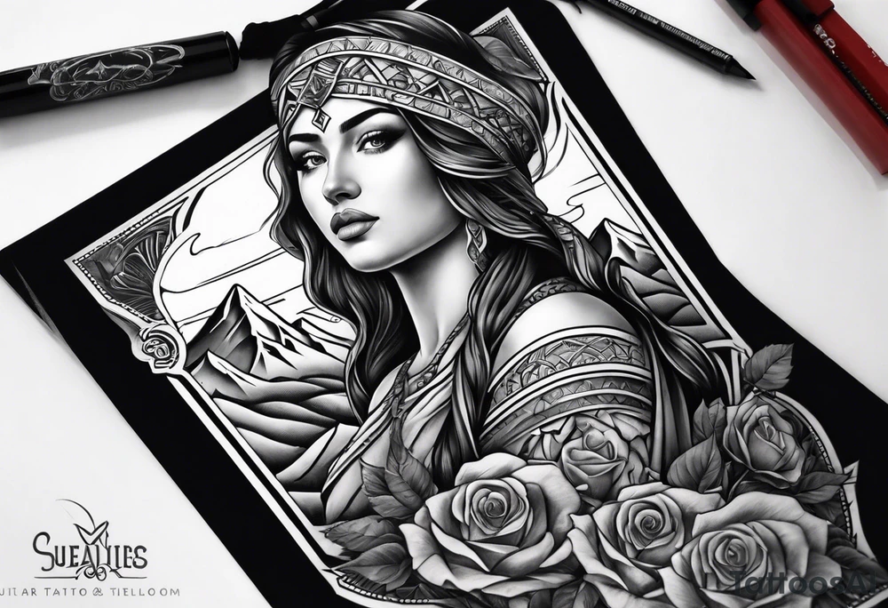make a forearm sleeve that portraits a cross and mountains with roses tattoo idea