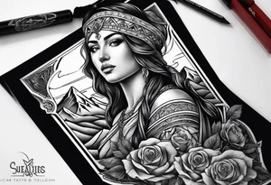 make a forearm sleeve that portraits a cross and mountains with roses tattoo idea