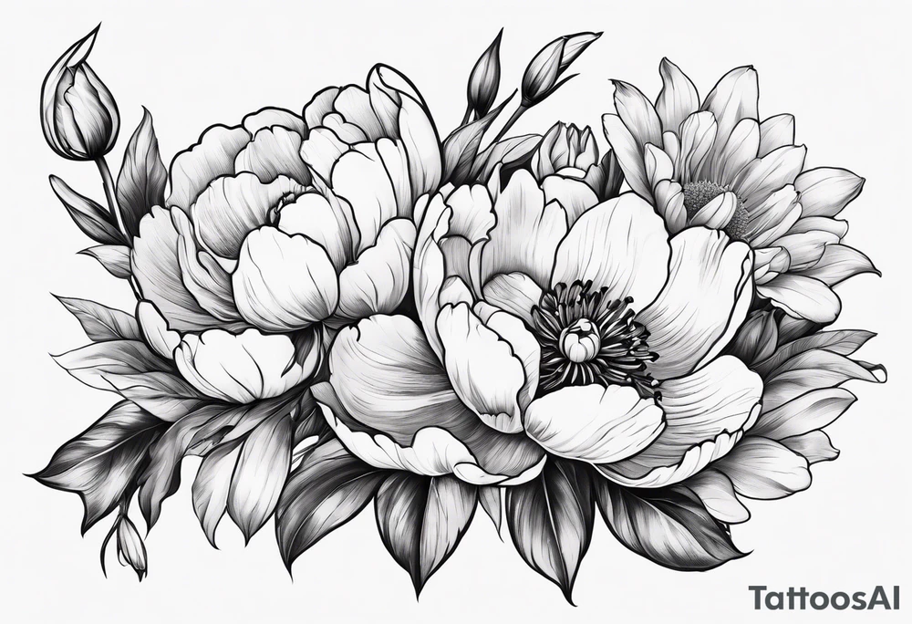 One flower of Peony, tulip, sunflower, cherry blossom and Lily bouquet tattoo idea