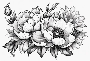 One flower of Peony, tulip, sunflower, cherry blossom and Lily bouquet tattoo idea