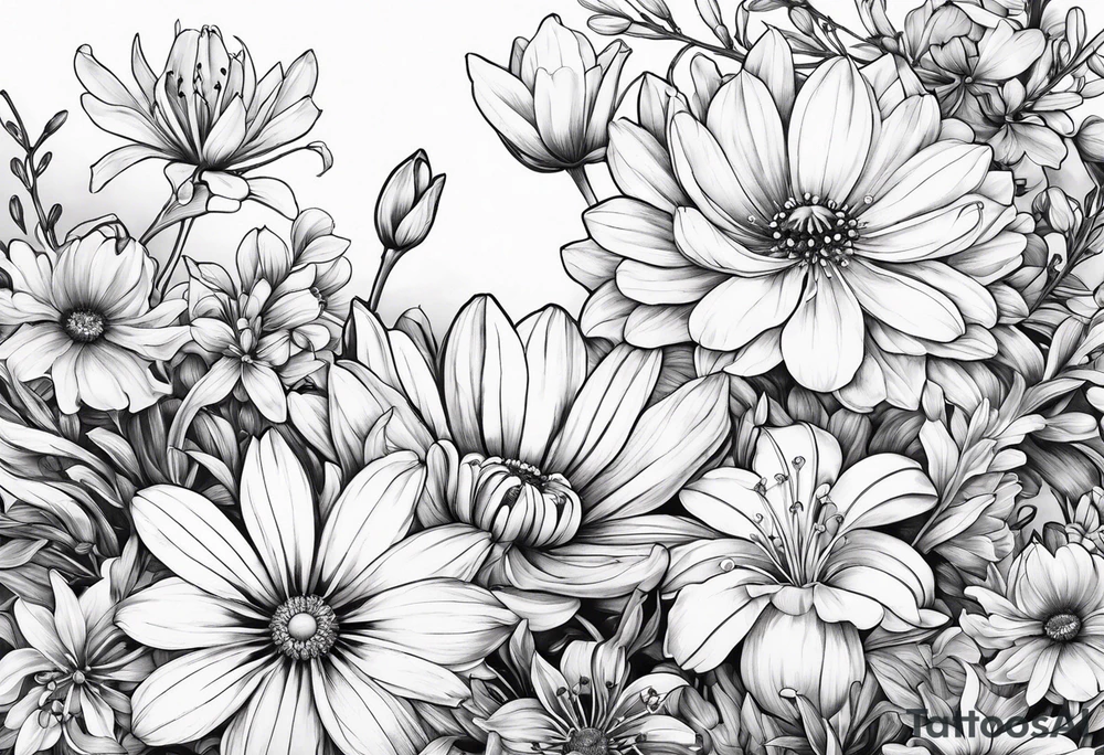 Honeysuckle, daisys,cosmos,and snowdrop sleeve tattoo idea