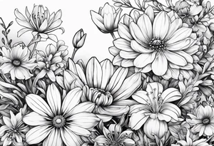 Honeysuckle, daisys,cosmos,and snowdrop sleeve tattoo idea