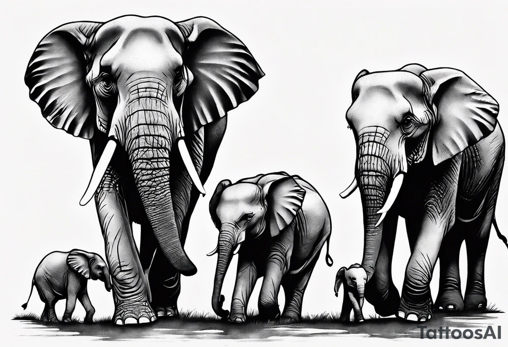 family of 6 elephants walking into sunset tattoo idea