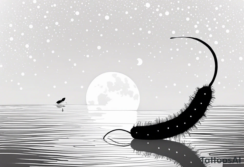 Black and white silhouette illustration of a close-up enchanting caterpillar on an autumn leaf. The caterpillar, with its distinctive body shape, is positioned on the leaf, which is floating on the water of a quiet, enchanted lake. The background shows a starry night sky and a full moon, with the reflection of both the stars and moon on the calm surface of the water. The surrounding environment is captured in soft, flowing shapes that imply the vibrant autumn colors and the tranquil, magical atmosphere of the scene. tattoo idea
