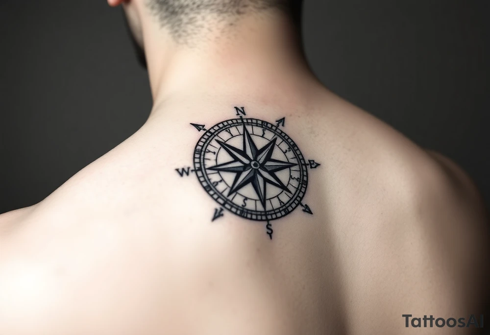 intricate compass on upper right back shoulder of a man. black and white. include cardinal directions and make more detailed. tattoo idea