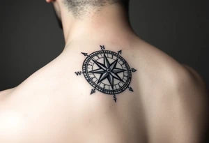 intricate compass on upper right back shoulder of a man. black and white. include cardinal directions and make more detailed. tattoo idea