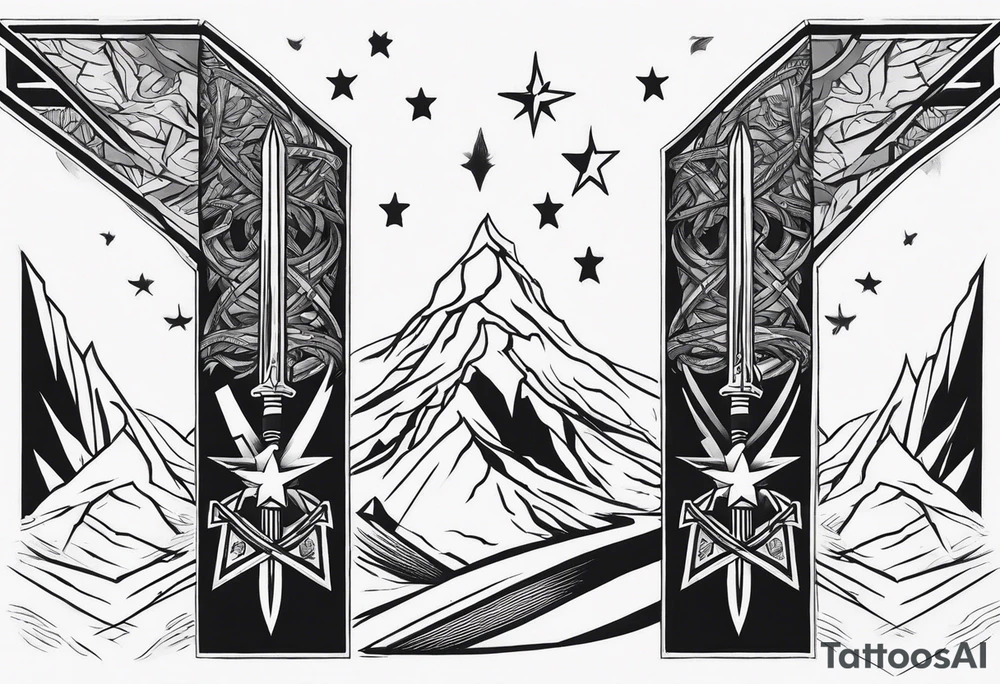 complete upper arm sleeve. Feature three mountain side by side, with 3 stars above them crossed sword patterns that evoke the Valkyrie spirit. Keep the design in clean, simple lines. tattoo idea