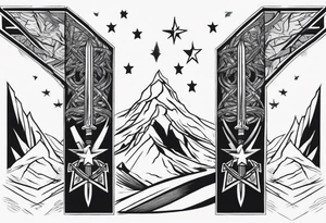 complete upper arm sleeve. Feature three mountain side by side, with 3 stars above them crossed sword patterns that evoke the Valkyrie spirit. Keep the design in clean, simple lines. tattoo idea