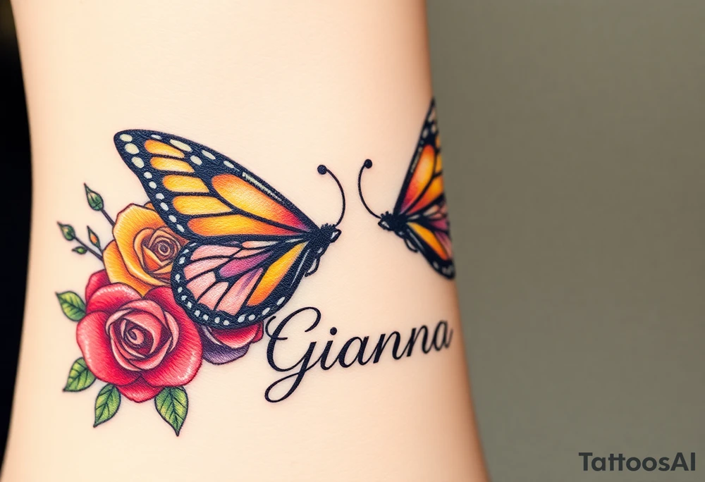 Beautiful majestic butterflies , surrounded by yellow, red and purple roses with the name Gianna tattoo idea