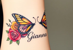 Beautiful majestic butterflies , surrounded by yellow, red and purple roses with the name Gianna tattoo idea