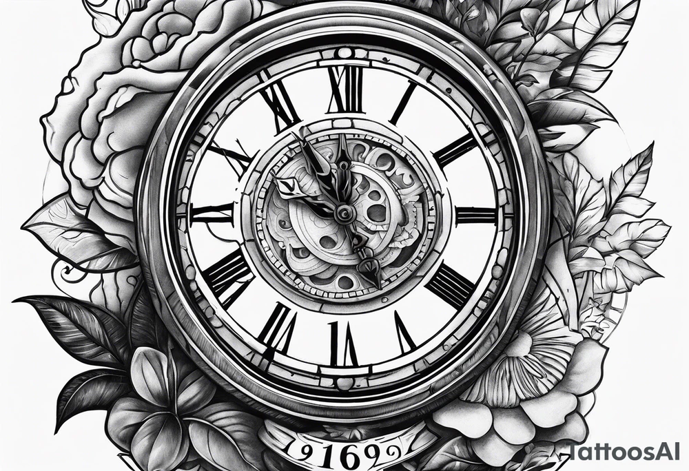 a tattoo mixing a clock and an hourglass in black and white where the year 1979 appears. tattoo idea