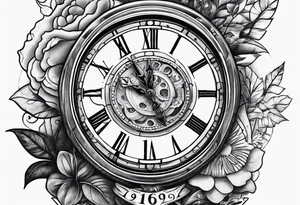 a tattoo mixing a clock and an hourglass in black and white where the year 1979 appears. tattoo idea