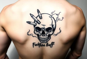 Graffiti type skull with markers and nibs around it with smoke that says fuck the buff tattoo idea