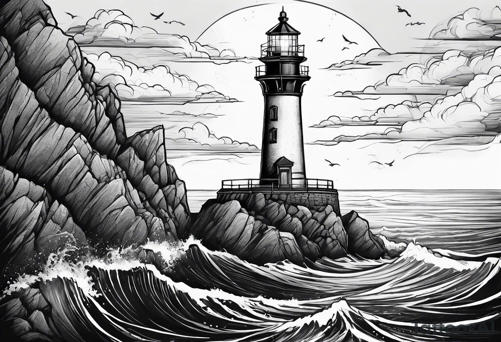 Lighthouse above a high cliff with below a wild sea and sinking ship tattoo idea