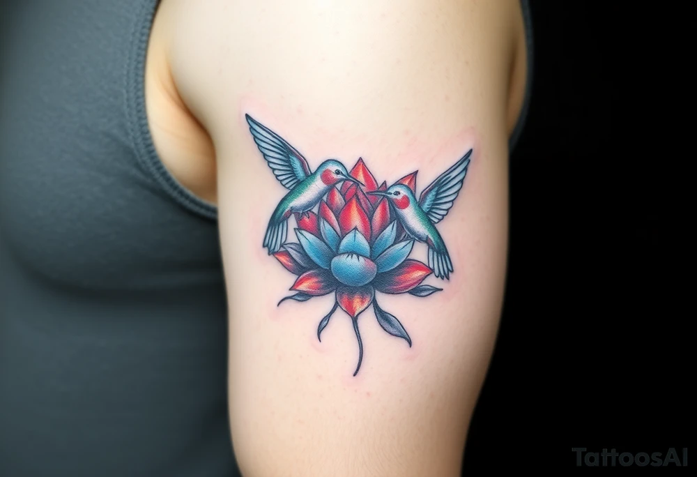 A pair of hummingbirds circling a blooming lotus (only red , blue and black are possible colors) tattoo idea