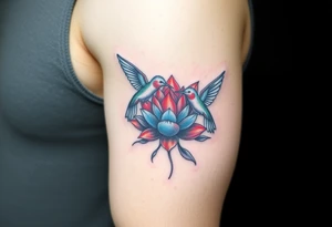 A pair of hummingbirds circling a blooming lotus (only red , blue and black are possible colors) tattoo idea