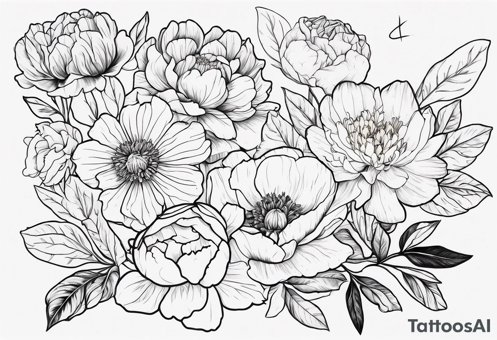 tattoo design with all these flowers peony, carnation, daffodil, daphne, dahlia, desiree, daisy and rose and label the flower name tattoo idea