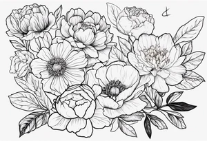 tattoo design with all these flowers peony, carnation, daffodil, daphne, dahlia, desiree, daisy and rose and label the flower name tattoo idea