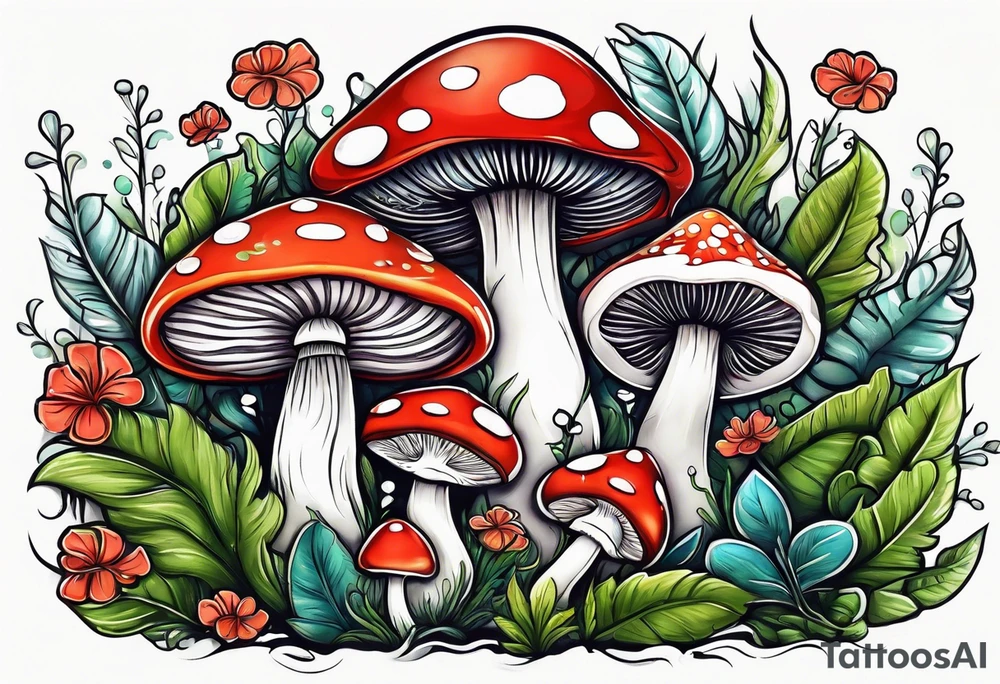 Happy mushroom surrounded by smaller plants tattoo idea
