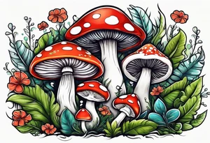 Happy mushroom surrounded by smaller plants tattoo idea