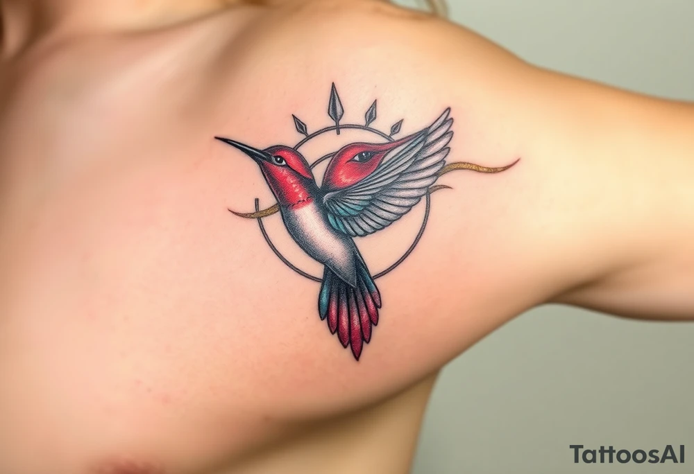 A hummingbird flying through the Eye of Horus, leaving a trail of golden energy, (only red , blue and black are possible colors) tattoo idea