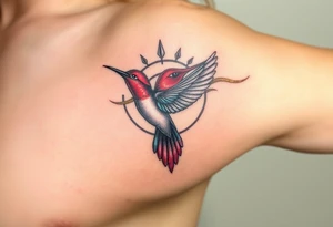 A hummingbird flying through the Eye of Horus, leaving a trail of golden energy, (only red , blue and black are possible colors) tattoo idea