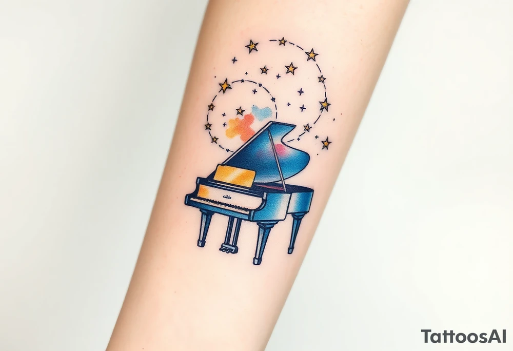 a grand piano under a swirl of stars tattoo idea