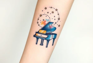 a grand piano under a swirl of stars tattoo idea