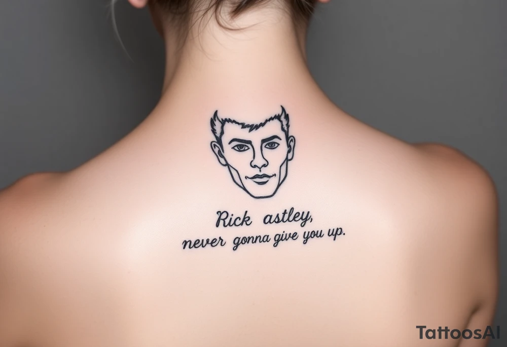 Rick Astley Face and Never Gonna Give You Up text tattoo idea